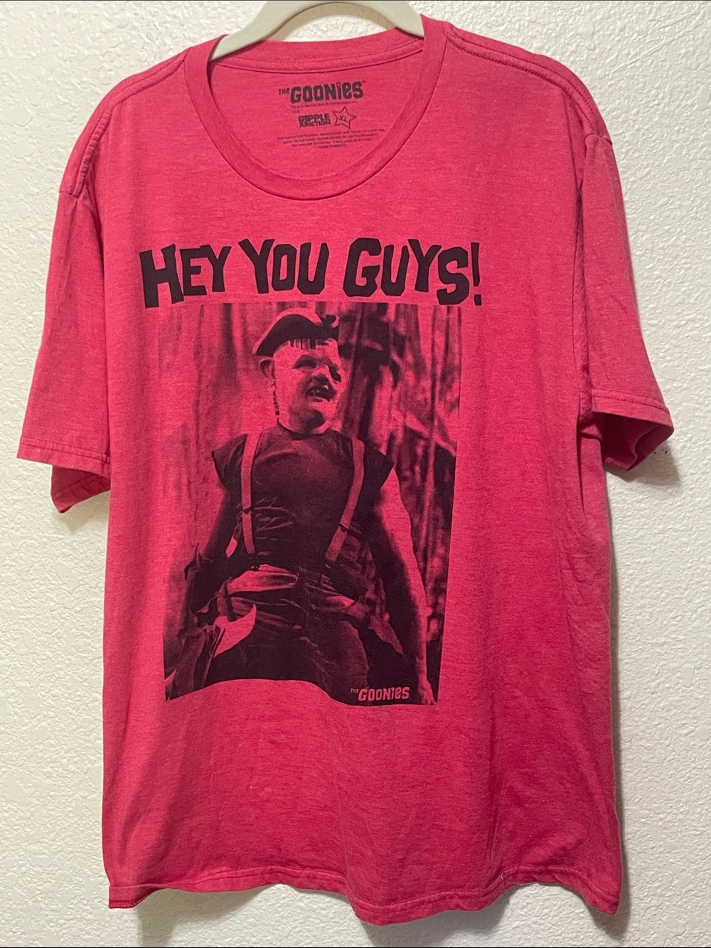 The Goonies Men's Red "Hey You Guys" Tee Shirt. Good Condition. Size XL.